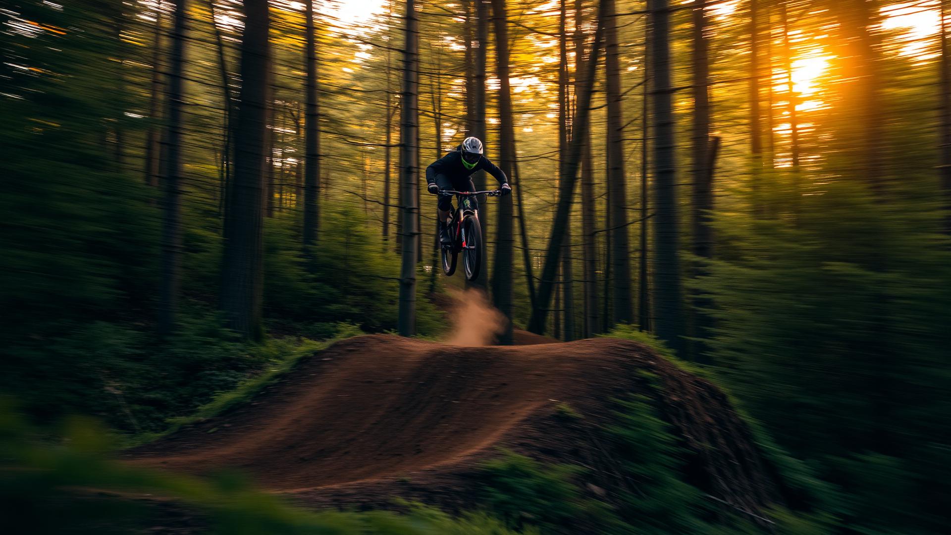 Mountain biker mid-air in a forest trail